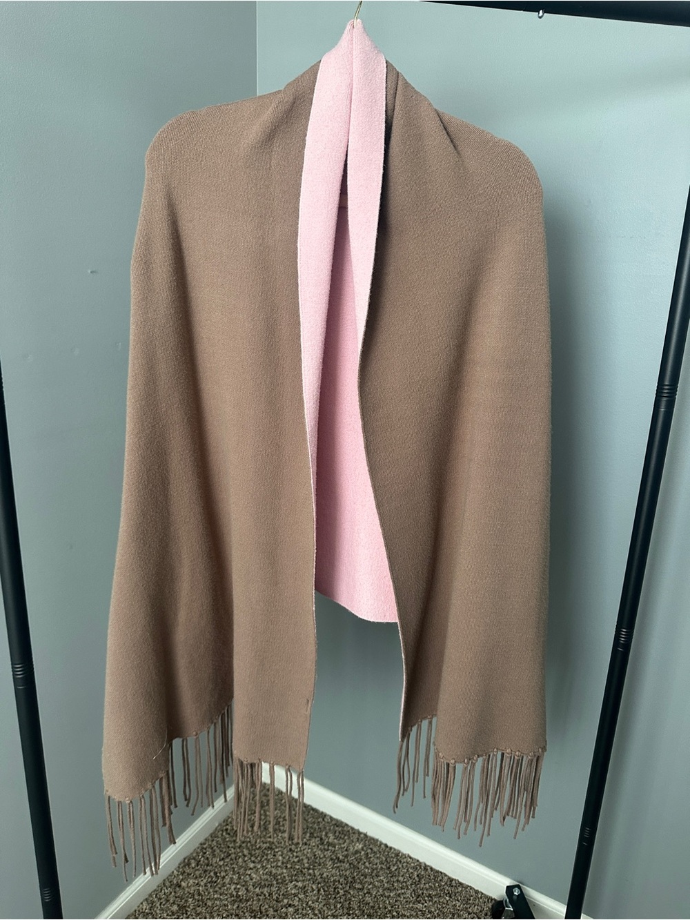 Reversible Taupe and Pink Fringe Wrap Shawl